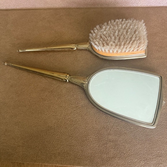 Vtg Vanity Set Hand Mirror Hair Brush Guilloché Enamel Gold Tone Rose Floral - Picture 5 of 15